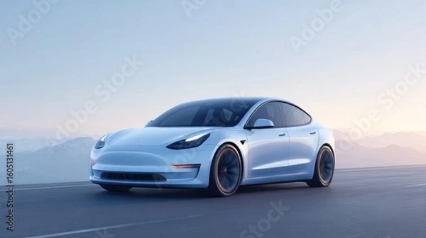 Fototapeta sleek electric car gliding silently on deserted highway minimalistic setting blue sky on horizon
