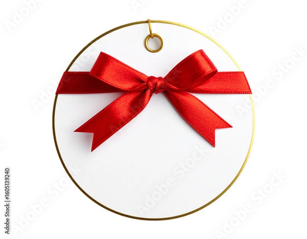 Fototapeta White Circular Gift Tag with Golden Edge and Red Bow Ribbon, Isolated on Transparent Background