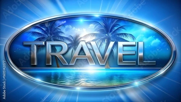 Fototapeta Futuristic island view with ocean palm trees and TRAVEL text useful for creating promotional designs for tourism companies travel agencies or summer getaway ad materials and branding visuals