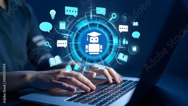 Fototapeta AI-powered teaching solutions. Intelligent tutoring systems and personalized learning. Man using laptop computer to learn with artificial intelligence tutor.