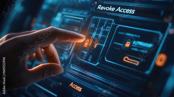 Fototapeta A hand interacting with a futuristic touchscreen interface to revoke access control system