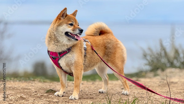Fototapeta Adorable red Shiba Inu dog happily walking on lush green grass outdoors on a sunny summer day. High-quality, pet-friendly image perfect for nature, outdoor, or lifestyle projects. Copy space.