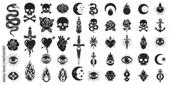Obraz Collection of dark gothic tattoo designs featuring skulls snakes moons daggers hearts anchors and occult symbols in a grunge distressed style