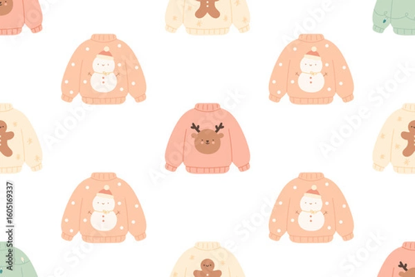 Fototapeta Seamless pattern with cute ugly sweaters. Vector kawaii winter jumpers witch reindeer, snowman and gingerbread