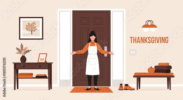 Fototapeta Welcoming Hostess At The Door Preparing For A Thanksgiving Day Celebration