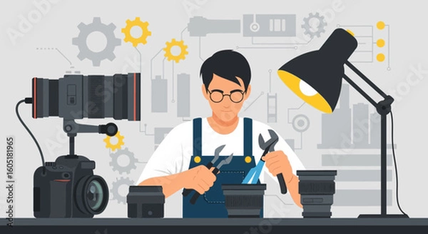 Fototapeta Photography Equipment Specialist Manually Adjusting Camera Lens Under Desk Lamp