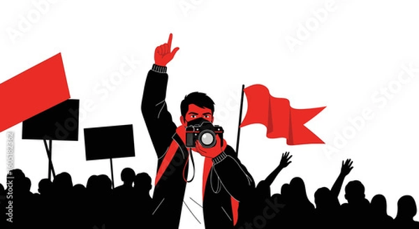 Fototapeta Photojournalist Capturing Images At A Political Demonstration With Flags And Crowd