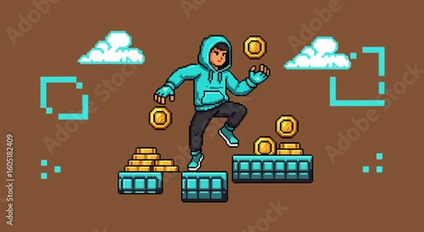 Fototapeta Pixelated Adventure Man Jumping Collects Coin In A Retro Video Game Platform