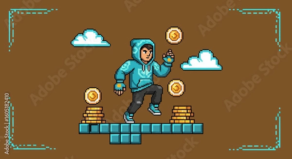 Fototapeta Pixelated Character Adventuring Through A World Full Of Coins And Clouds