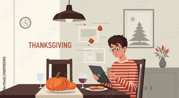Fototapeta Planning The Thanksgiving Day Celebration Using Digital Device At Home