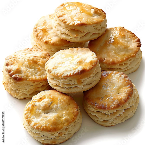 Fototapeta Golden, flaky pastries stacked neatly against a white background