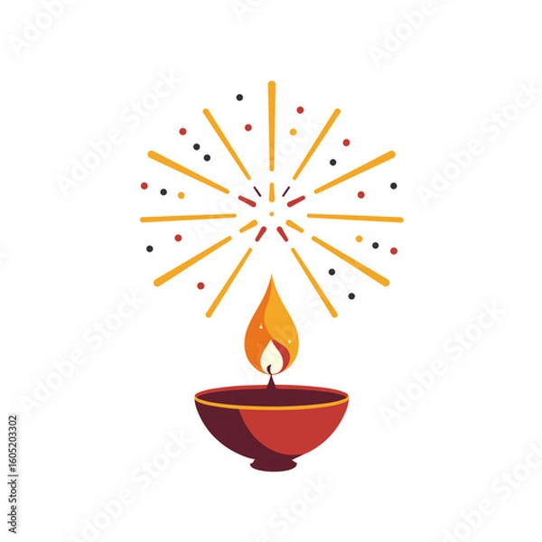 Fototapeta Diya lamp with firework burst on white background and copy space
