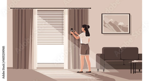 Fototapeta Woman Controlling Smart Home Automation System For Window Coverings Interior