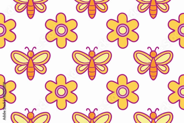 Obraz Seamless pattern yellow flowers orange butterflies with purple outlines butterfly