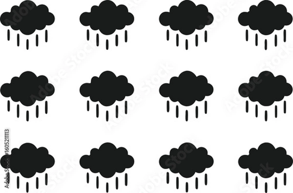 Obraz Twelve handdrawn rain cloud icons with vertical raindrops weather simple