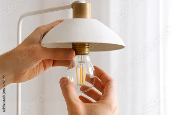 Fototapeta Person Replacing LED Light Bulb in Modern Lamp. DIY manuals