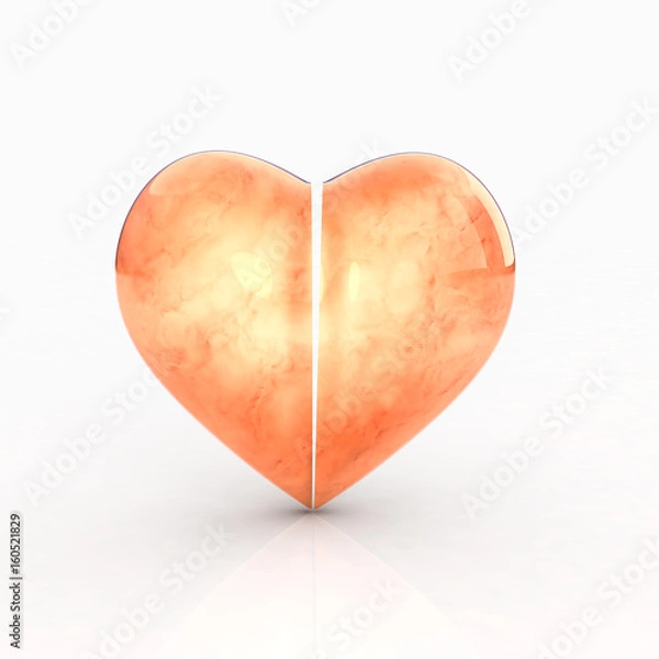 Fototapeta split from the center, marble in fire color bright light, big heart on white background
