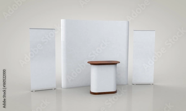 Fototapeta Roll Up and Pop Up Banner Stands. Trade show booth white and blank stand. 3d render isolated on white background. Advertising space on a white background, with space for text ads and design