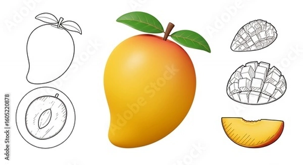 Fototapeta Mango illustration various views coloring book healthy food