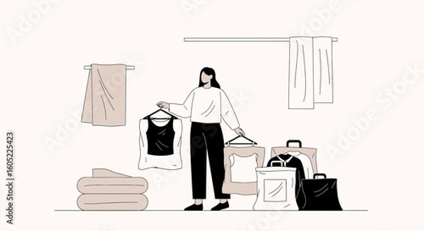 Fototapeta Woman Organizing Clothes After Shopping Preparing Wardrobe Minimalist Style
