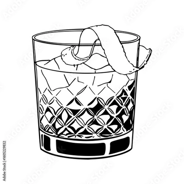 Fototapeta Hand drawn vector illustration of an old fashioned cocktail in a vintage crystal glass with ice cubes and citrus peel garnish classic whiskey drink black and white line art isolated on white