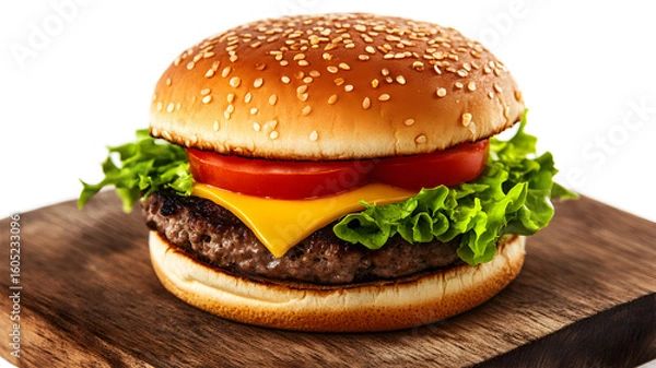 Fototapeta A hamburger with cheese and tomato on a wooden board. The burger is large and has a lot of toppings