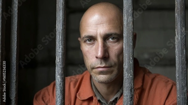 Fototapeta closeup portrait of a criminal in prison behind bars