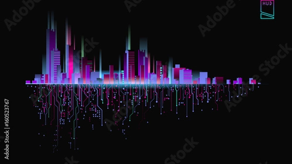 Fototapeta Futurystyczne miasto w neonach. Styl retro lata 80
