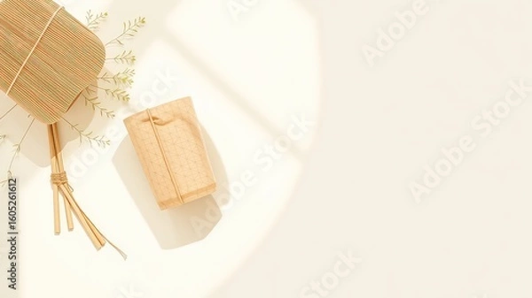 Fototapeta Minimalist flat lay featuring a gift box, decorative fan, and delicate greenery on a neutral backdrop with soft natural light