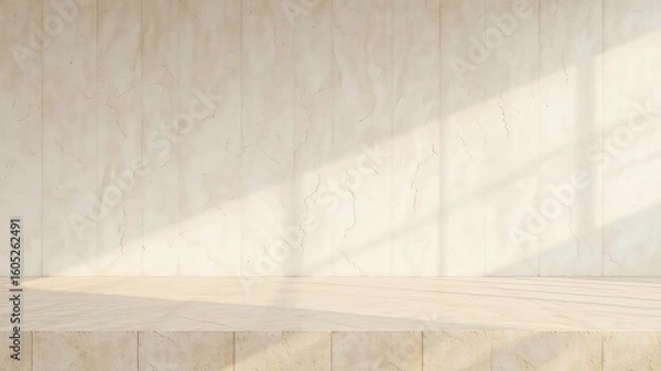 Fototapeta Minimalist interior scene with sunlight streaming onto a neutral beige wall and platform, casting shadows to enhance the textured background