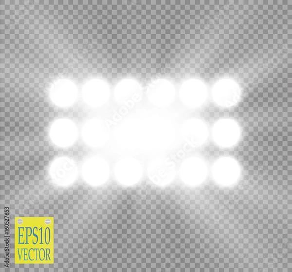 Fototapeta White vector spotlight light effect on transparent background. Concert scene with sparks illuminated by glow ray. Stadium projector. Show room
