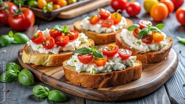 Obraz Bruschetta with Ricotta and Tomatoes – Toasted bread with creamy cheese — fresh Mediterranean flavors.
