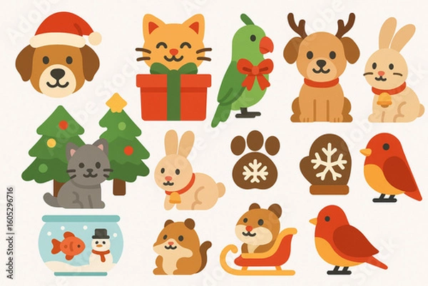 Fototapeta Set of Christmas Pet Icons in Flat Vector Style