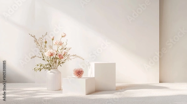 Fototapeta Minimalist arrangements feature cubes adorned with floral decorations, carpets, and personal accessories, providing a template for home d�cor with ample copy space.