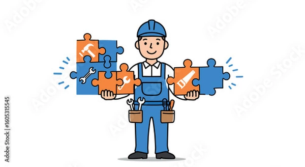 Fototapeta Smiling handyman in overalls holding puzzle pieces with tools in office uniform
