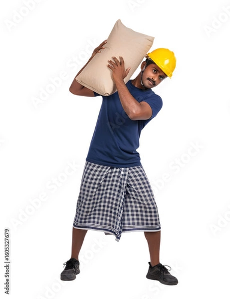 Fototapeta A Sri Lankan Construction Worker Hoisting a Heavy Bag of Cement on His Shoulder at a Building Site on isolated transparent background.
