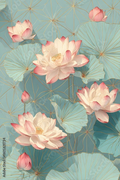 Fototapeta Pastel Dreams: Geometric Elegance of Asanoha and Lotus in Pink, Teal, and Cream