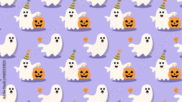 Fototapeta Fun and playful ghosts celebrating Halloween with jack-o'-lanterns in a vibrant pattern
