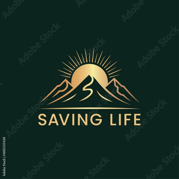 Obraz vector illustration of a mountain with sunrise, Vector logo for mountain and sun on dark green background.