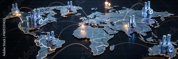 Fototapeta digital world map with factory icons located in major industrial regions, symbolizing global supply chain and manufacturing
