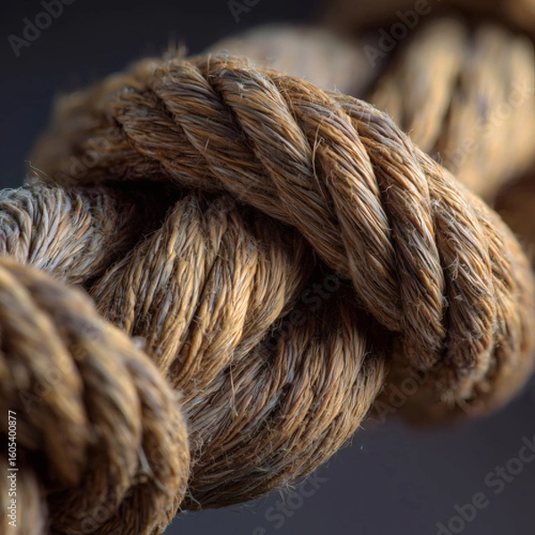 Fototapeta Close up of coarse twisted rope fibers showing natural texture strength detail in rustic brown strands