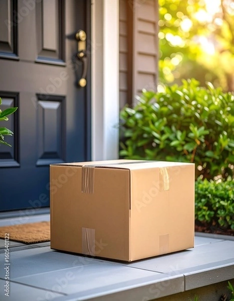 Fototapeta A cardboard box sits on a doorstep
