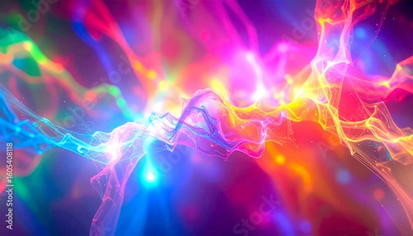 Fototapeta Flowing waves glowing light in vibrant colors against a gradient background, luminous streaks twist, swirl in motion. Ideal for abstract design, visual, and futuristic aesthetics