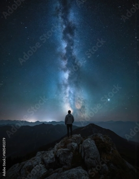 Fototapeta Man on mountain peak gazes at bright starry sky and Milky Way. Silhouette figure reflects awe, wonder, adventure. Vast cosmos, universe landscape inspires astronomy, science, nature exploration.