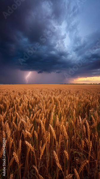 Fototapeta Lightning storm striking over golden wheat field under dramatic thunderclouds and moody evening sky