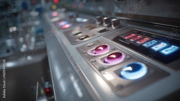 Fototapeta Close up of a scientist's hand manipulating illuminated buttons and dials on an advanced control panel, surrounded by oxygen tanks, within a high tech laboratory setting