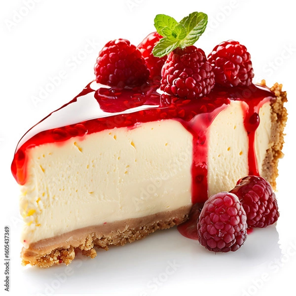 Fototapeta Slice of Cheesecake Topped with Raspberries and Mint