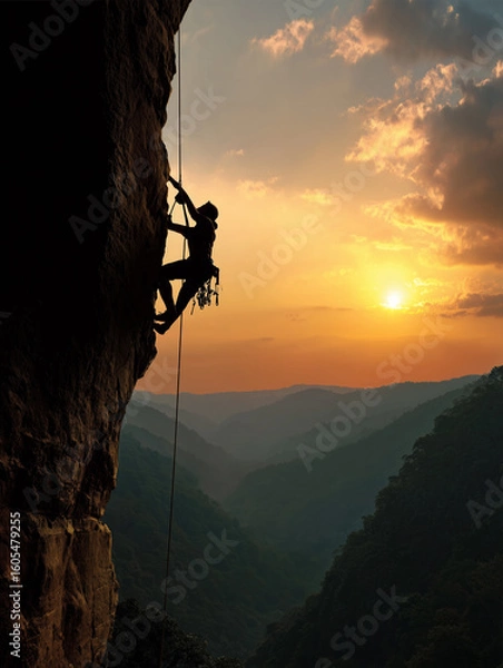 Fototapeta Illustration of a rock climber on the face of a cliff at sunset.