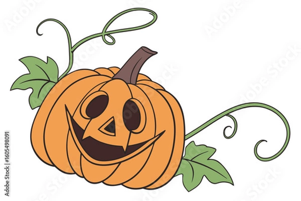 Fototapeta Smiling pumpkin with curly vines on transparent background  