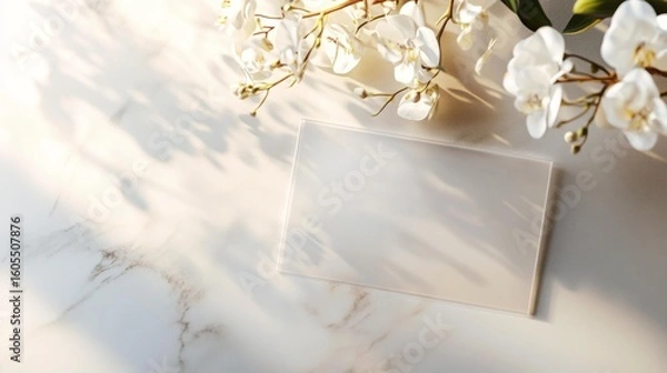 Fototapeta  Elegant wedding RSVP card mockup with delicate orchid flowers on marble background, ideal for invitations design